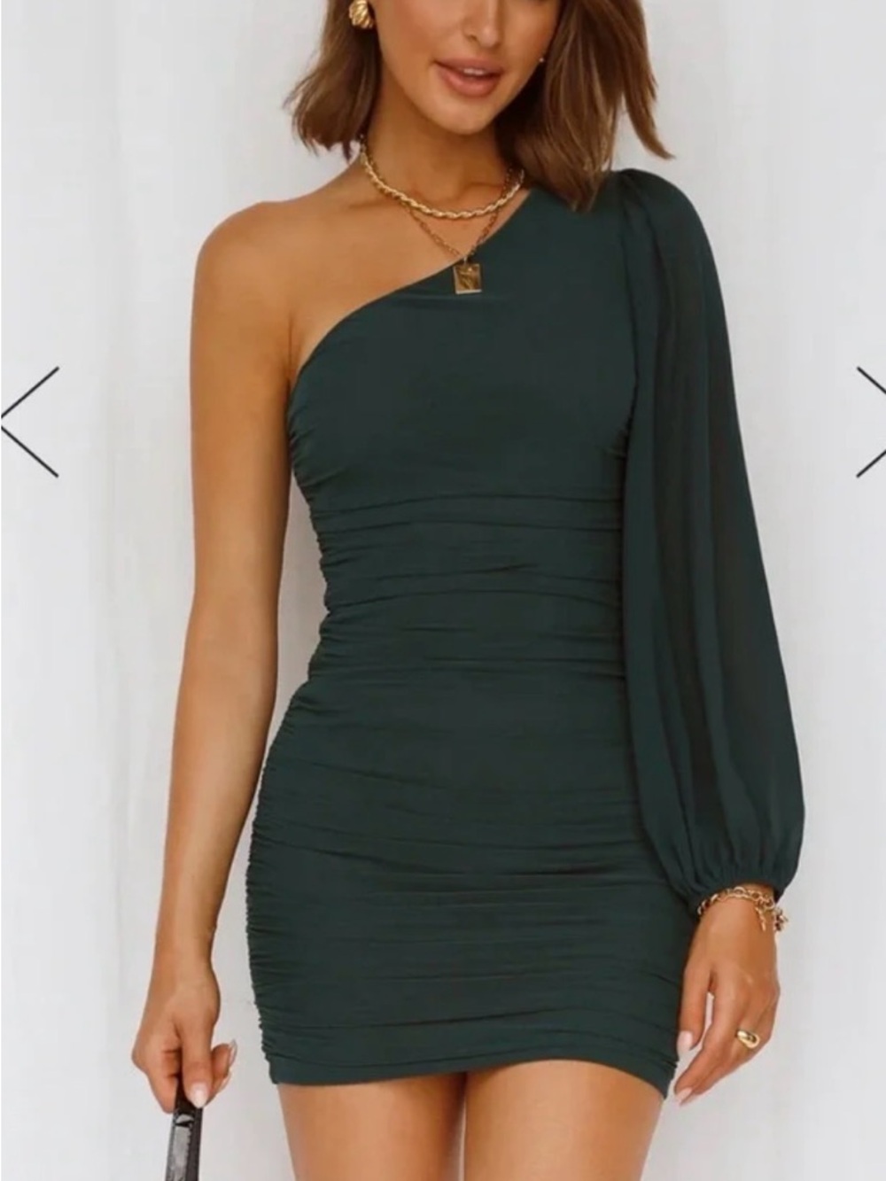 Hello Molly Party It Up Green One Shoulder Ruched Bodycon Dress Sz S Holiday